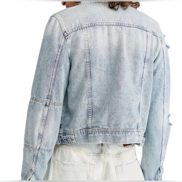 Free People Rumors Denim Jacket in Light Blue Wash Distressed Detailing Size: L - Picture 2 of 12